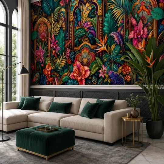 A modern Indo-Saracenic living room featuring a jewel toned tropical conservatory mural with golden arches and magenta lilies.