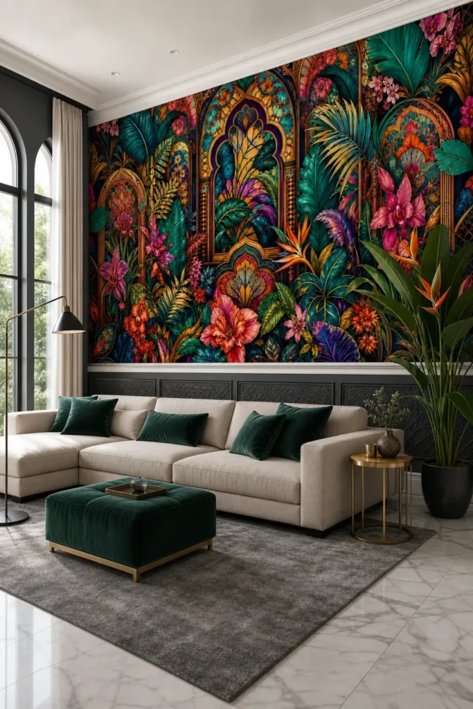 A modern Indo-Saracenic living room featuring a jewel toned tropical conservatory mural with golden arches and magenta lilies.