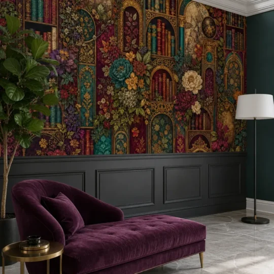 A Neoclassical room featuring an eclectic vintage library botanical mural installed above dark wainscoting near a plum velvet chaise.