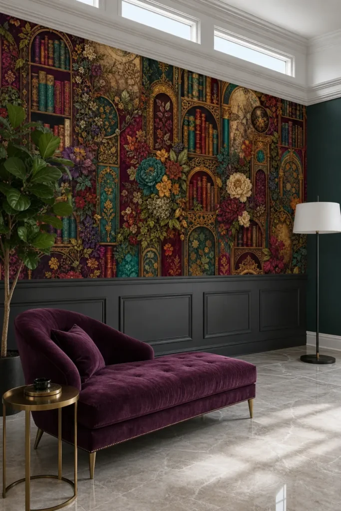 A Neoclassical room featuring an eclectic vintage library botanical mural installed above dark wainscoting near a plum velvet chaise.