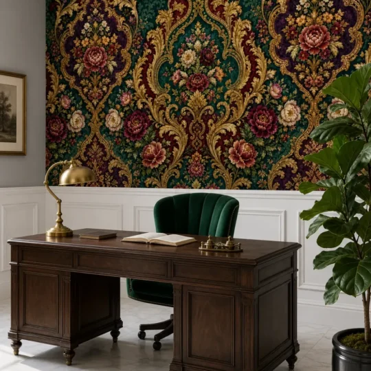 An opulent damask floral mural with burgundy and emerald tones in a modern neoclassical study.