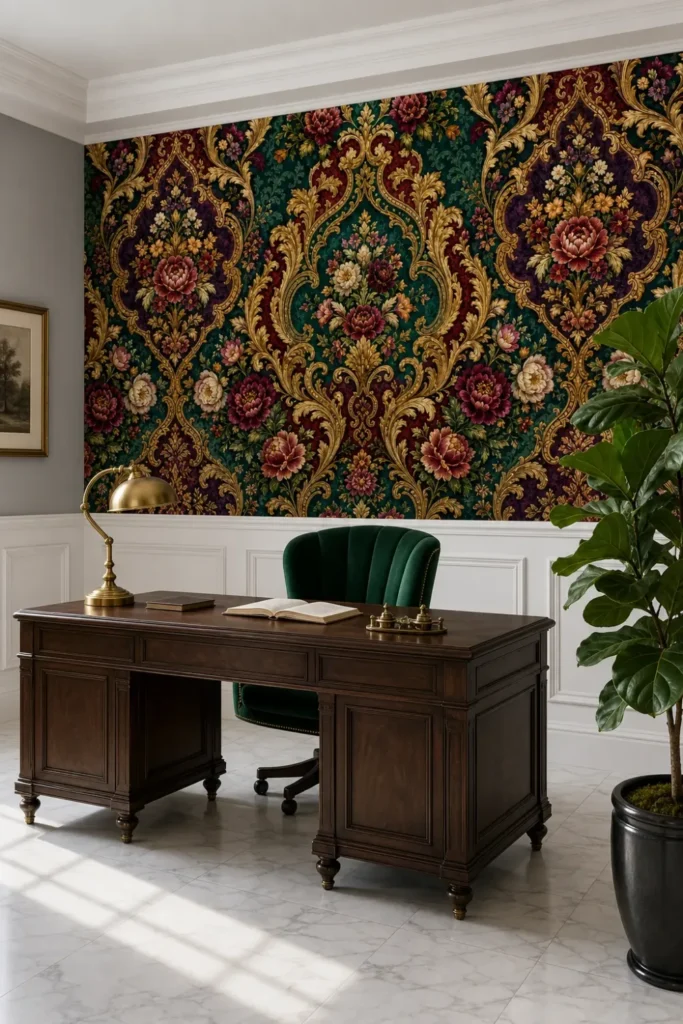 An opulent damask floral mural with burgundy and emerald tones in a modern neoclassical study.