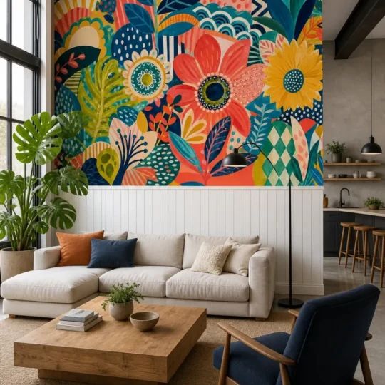 A Contemporary Nordic loft featuring an abstract collage botanical mural on a high-ceiling primary wall.