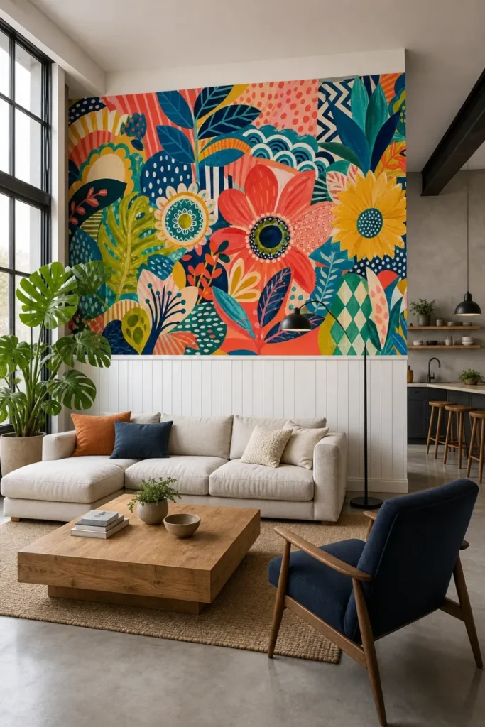 A Contemporary Nordic loft featuring an abstract collage botanical mural on a high-ceiling primary wall.