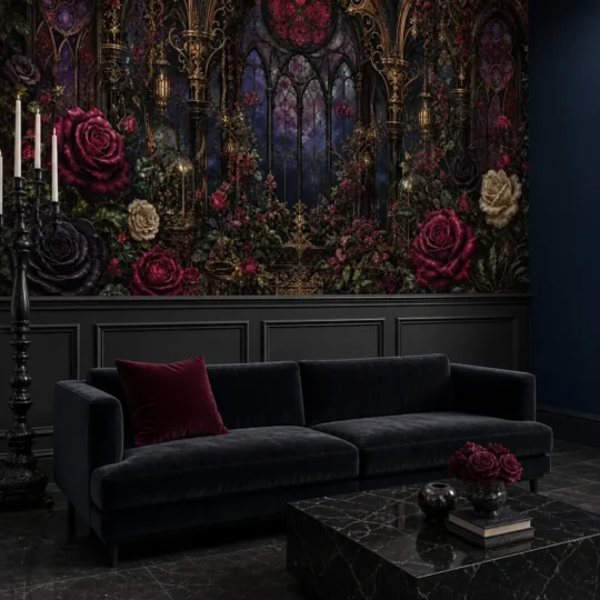 A modern Neo-Gothic lounge featuring a gothic midnight greenhouse mural installed above charcoal wainscoting behind a low-profile velvet sofa.