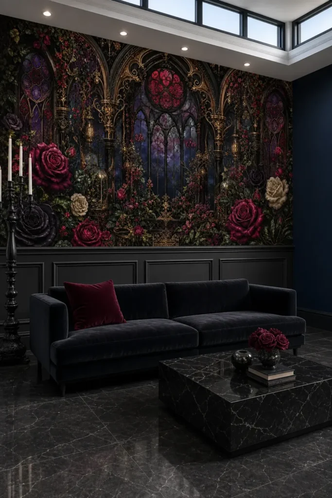 A modern Neo-Gothic lounge featuring a gothic midnight greenhouse mural installed above charcoal wainscoting behind a low-profile velvet sofa.