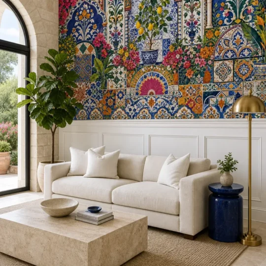 A contemporary Mediterranean villa living room featuring a vibrant mediterranean tile garden mural above white wainscoting.