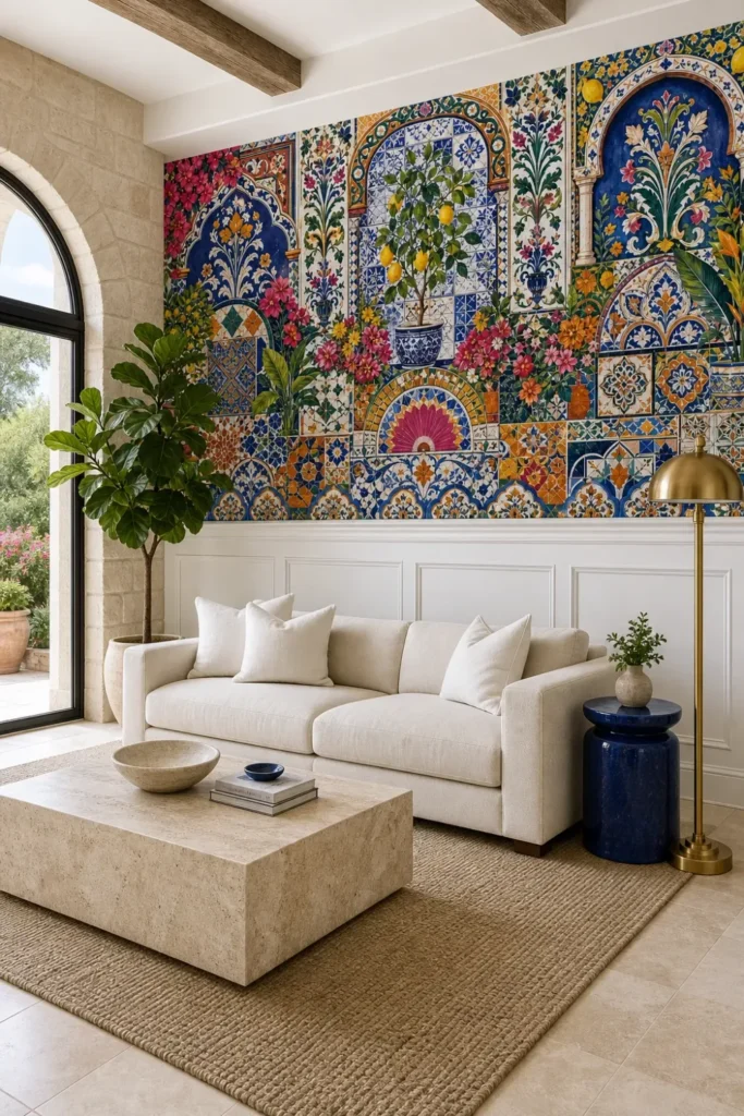 A contemporary Mediterranean villa living room featuring a vibrant mediterranean tile garden mural above white wainscoting.