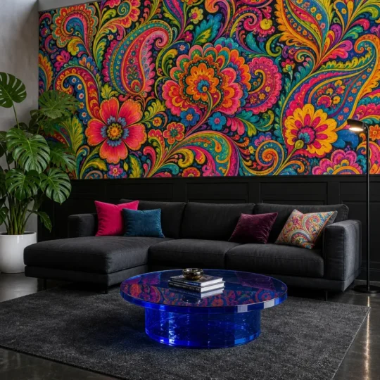 A Neo-Maximalist lounge featuring a psychedelic paisley floral mural above black wainscoting.