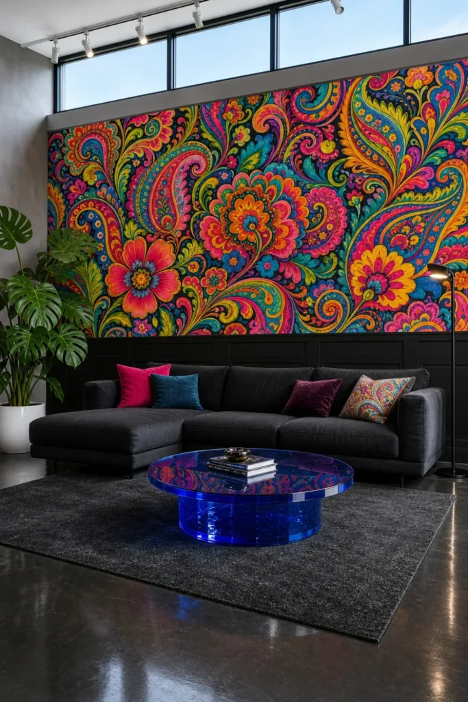 A Neo-Maximalist lounge featuring a psychedelic paisley floral mural above black wainscoting.