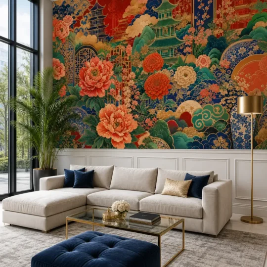 A luxury contemporary lounge featuring a lacquer chinoiserie garden mural on a crimson background with gold accents.