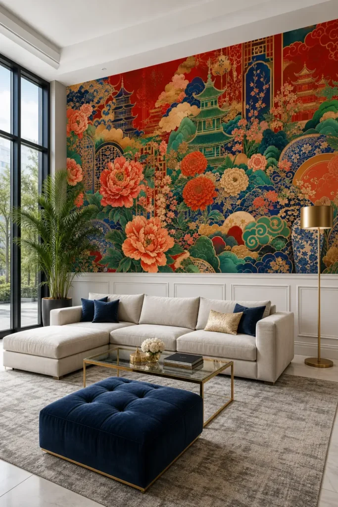 A luxury contemporary lounge featuring a lacquer chinoiserie garden mural on a crimson background with gold accents.