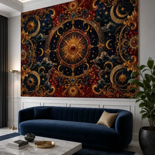 A modern neoclassical gallery room featuring a baroque celestial ornament mural with a golden sunburst above elegant wall paneling.
