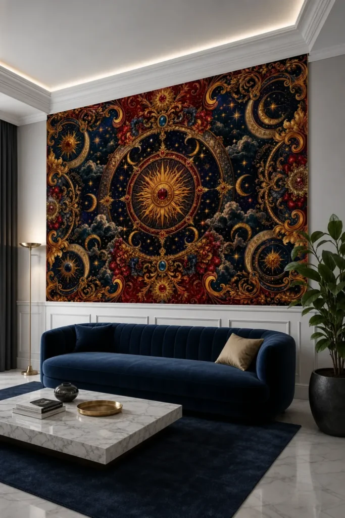 A modern neoclassical gallery room featuring a baroque celestial ornament mural with a golden sunburst above elegant wall paneling.