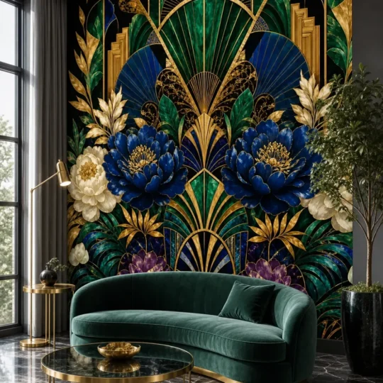 A high-end Art Deco revival lounge featuring a luxurious art deco night garden mural on a central feature wall.