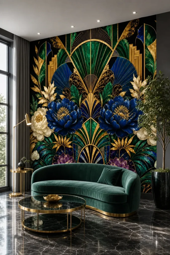 A high-end Art Deco revival lounge featuring a luxurious art deco night garden mural on a central feature wall.