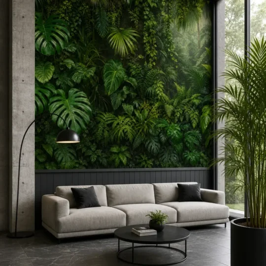 A modern biophilic lounge featuring a photorealistic rainforest wall garden mural behind a minimalist low-profile sofa.