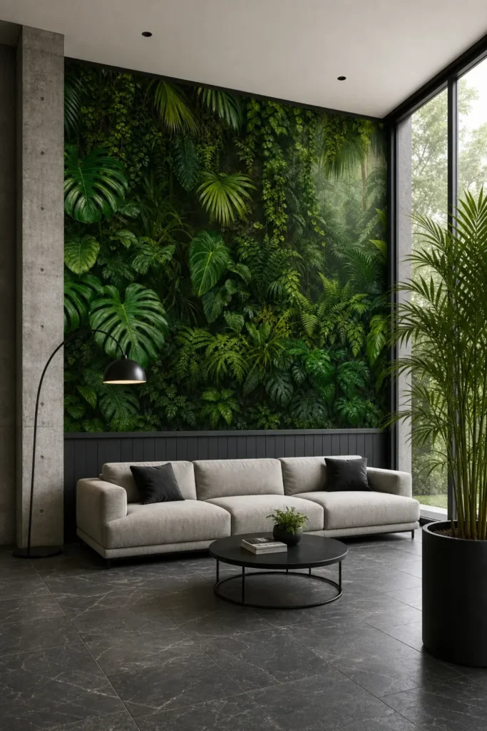 A modern biophilic lounge featuring a photorealistic rainforest wall garden mural behind a minimalist low-profile sofa.