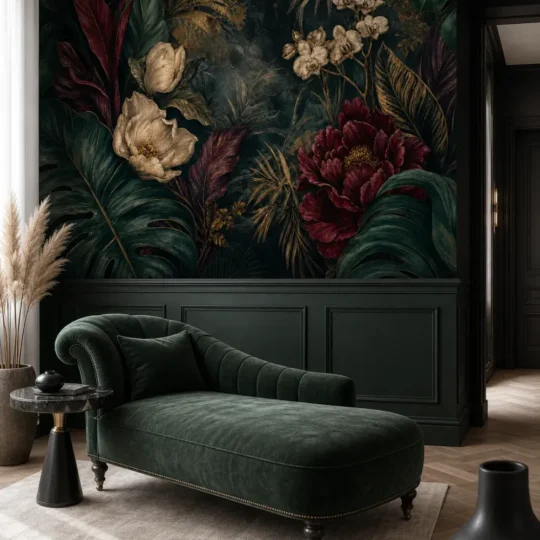 A high-end neoclassical room featuring a dark botanical drama mural with burgundy peonies and gold foliage above green wainscoting.