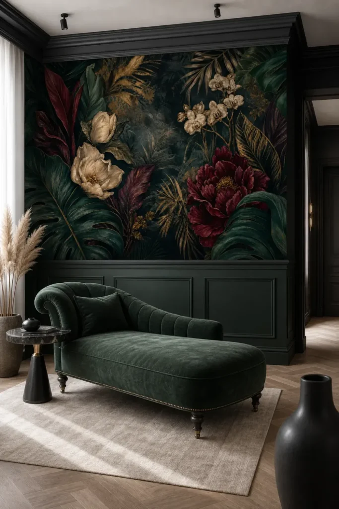 A high-end neoclassical room featuring a dark botanical drama mural with burgundy peonies and gold foliage above green wainscoting.