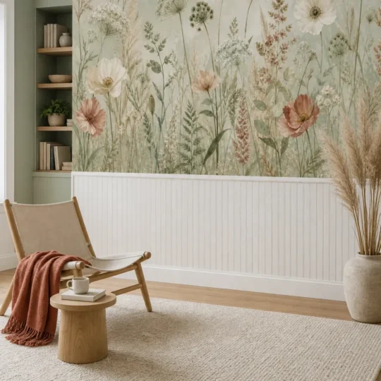A Modern Scandinavian reading nook featuring a soft sage meadow florals mural on the upper half of a feature wall above white wainscoting.
