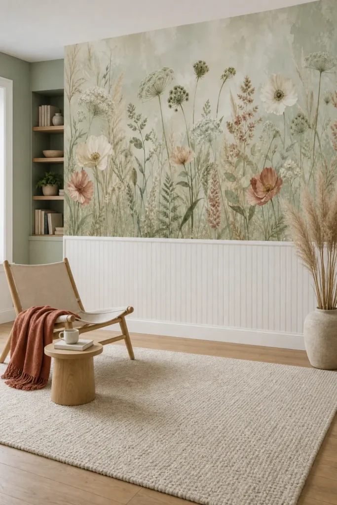 A Modern Scandinavian reading nook featuring a soft sage meadow florals mural on the upper half of a feature wall above white wainscoting.