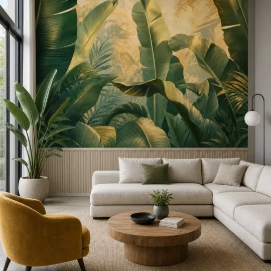 A minimalist tropical living room featuring a large banana leaf sanctuary mural on a plaster wall above neutral wainscoting.