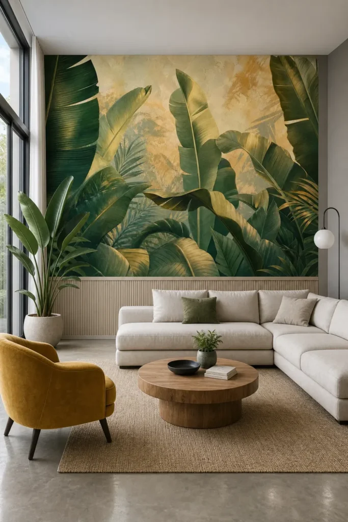 A minimalist tropical living room featuring a large banana leaf sanctuary mural on a plaster wall above neutral wainscoting.