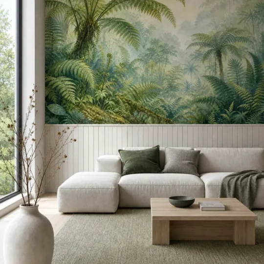 A Scandinavian minimalist living room featuring a misty fern forest mural on a large feature wall above wainscoting.