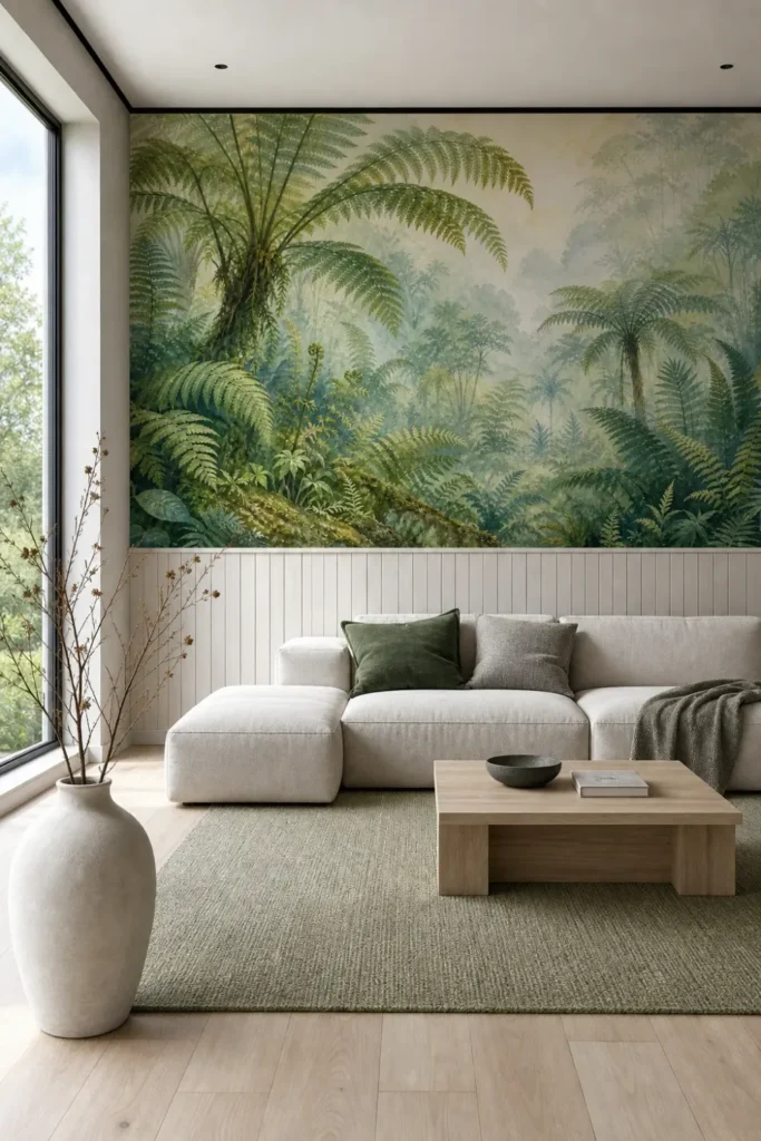 A Scandinavian minimalist living room featuring a misty fern forest mural on a large feature wall above wainscoting.
