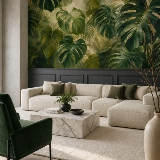 A high-end contemporary lounge featuring an oversized monstera canopy mural on the upper wall above dark wainscoting.