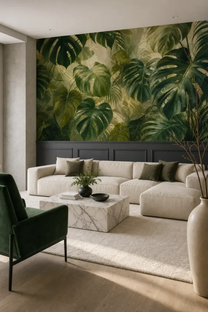 A high-end contemporary lounge featuring an oversized monstera canopy mural on the upper wall above dark wainscoting.