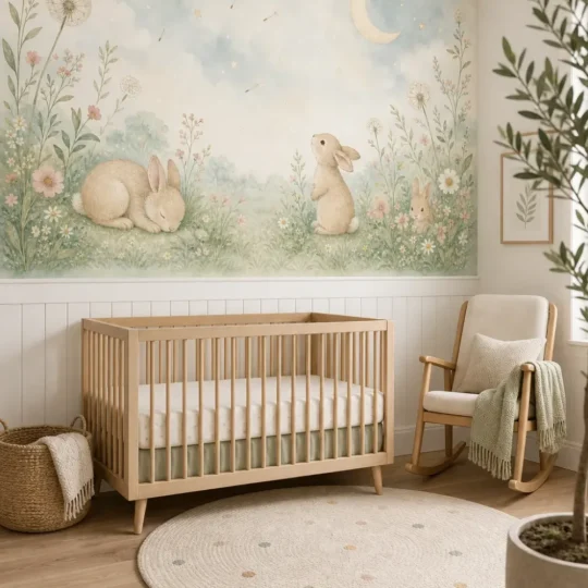 A Scandi-modern nursery featuring a dreamy moon meadow bunny mural above white wainscoting with a minimalist crib.