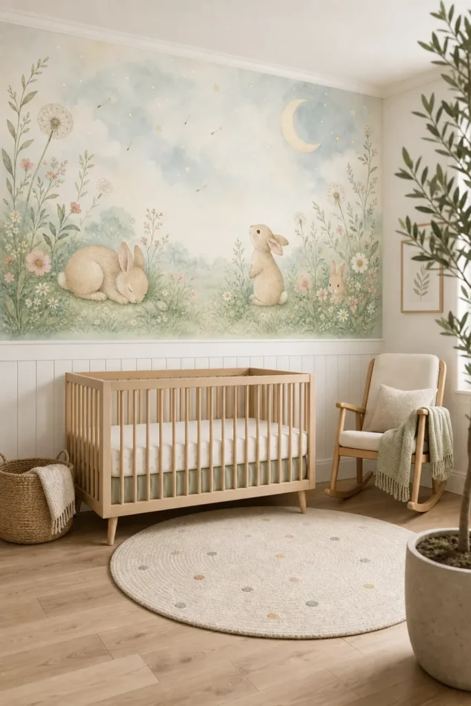 A Scandi-modern nursery featuring a dreamy moon meadow bunny mural above white wainscoting with a minimalist crib.