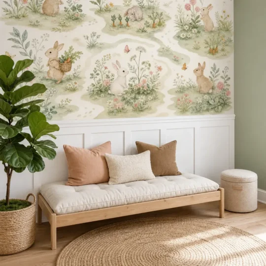 A Scandinavian children's lounge featuring a neutral rabbit garden map mural on the upper portion of a feature wall above white wainscoting.