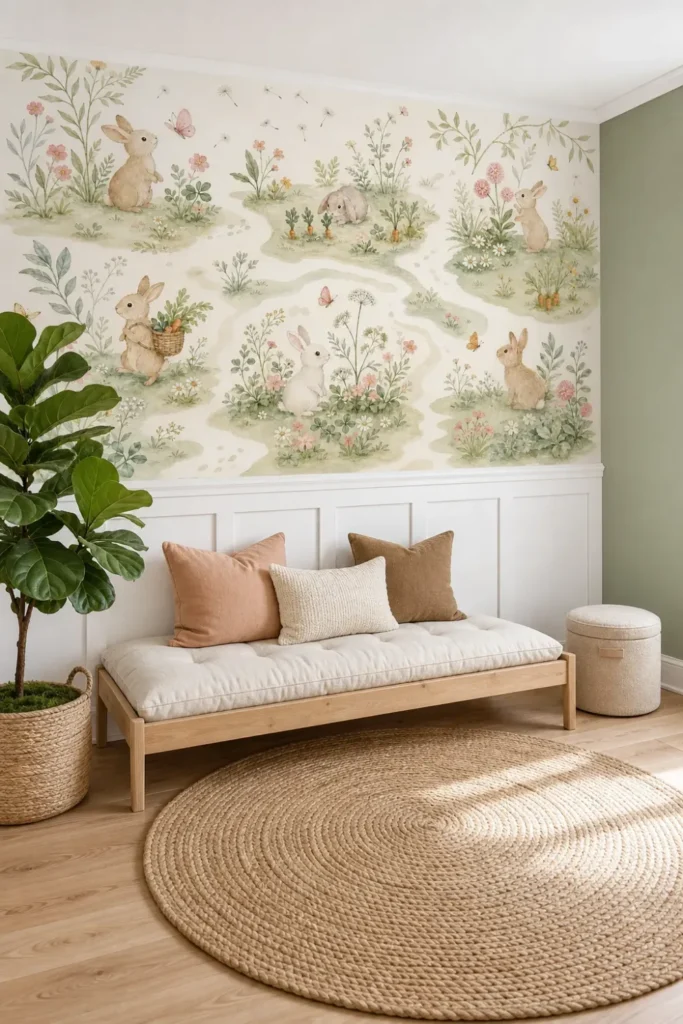 A Scandinavian children's lounge featuring a neutral rabbit garden map mural on the upper portion of a feature wall above white wainscoting.