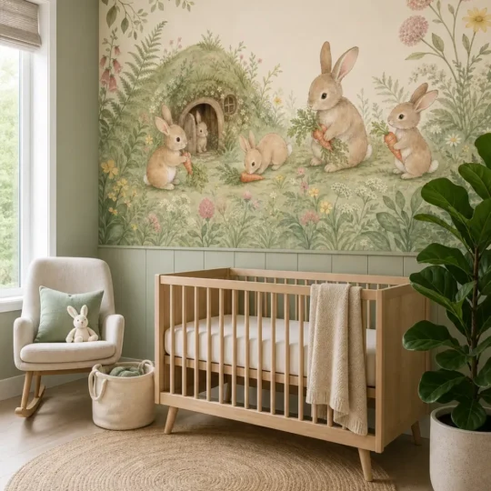 A contemporary Nordic nursery featuring a woodland rabbit burrow garden mural installed above modern wainscoting behind a light oak crib.