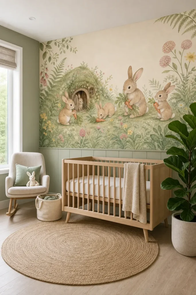 A contemporary Nordic nursery featuring a woodland rabbit burrow garden mural installed above modern wainscoting behind a light oak crib.
