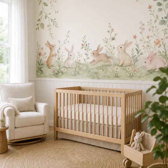 A whimsical rabbit vine border nursery mural in a minimalist Scandinavian baby room with a light oak crib.