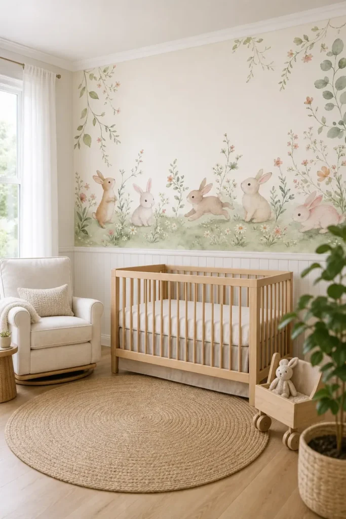 A whimsical rabbit vine border nursery mural in a minimalist Scandinavian baby room with a light oak crib.
