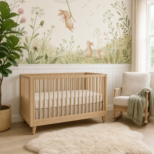 A Scandinavian nursery featuring a floating dandelion rabbit mural on the upper half of a white wainscoted wall behind a light oak crib.
