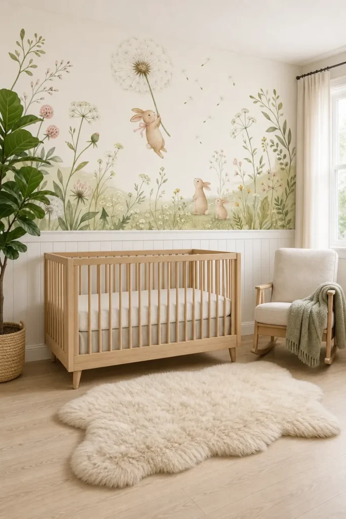 A Scandinavian nursery featuring a floating dandelion rabbit mural on the upper half of a white wainscoted wall behind a light oak crib.