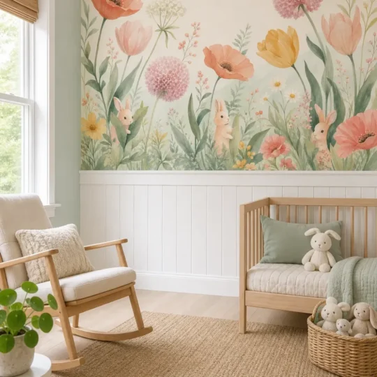 A Scandinavian nursery featuring an oversized wildflower bunny meadow mural above white wainscoting.