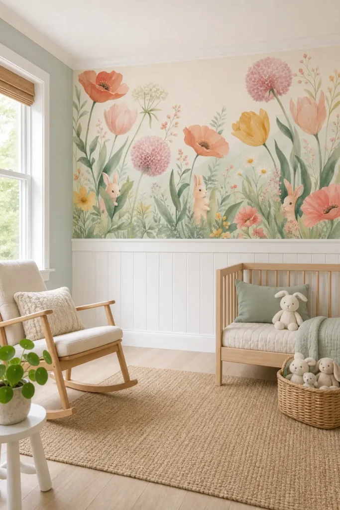 A Scandinavian nursery featuring an oversized wildflower bunny meadow mural above white wainscoting.