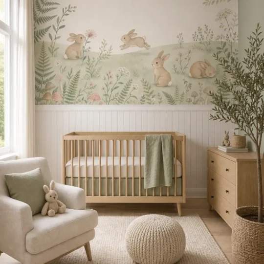 A Scandinavian nursery featuring the sage meadow hopping rabbits mural above white wainscoting.