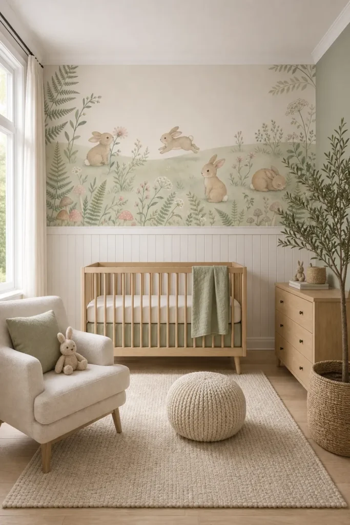A Scandinavian nursery featuring the sage meadow hopping rabbits mural above white wainscoting.