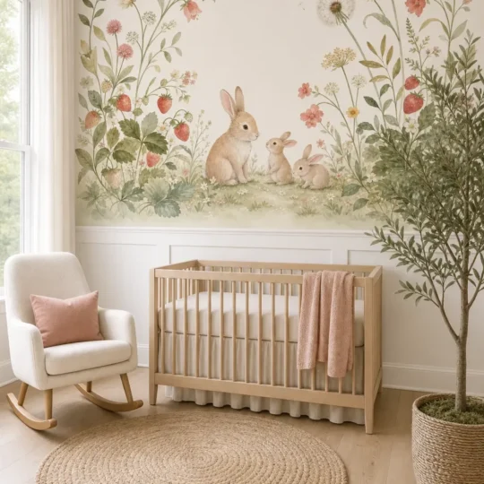 A Scandi-minimalist nursery featuring a botanical arch bunny mural above white wainscoting behind a wood crib.