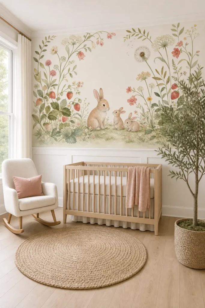 A Scandi-minimalist nursery featuring a botanical arch bunny mural above white wainscoting behind a wood crib.