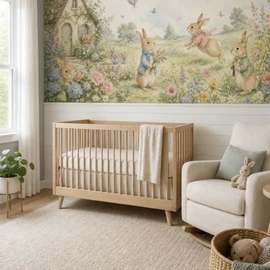 A Scandinavian nursery featuring a storybook bunny garden cottage mural above white wainscoting with a modern wooden crib.