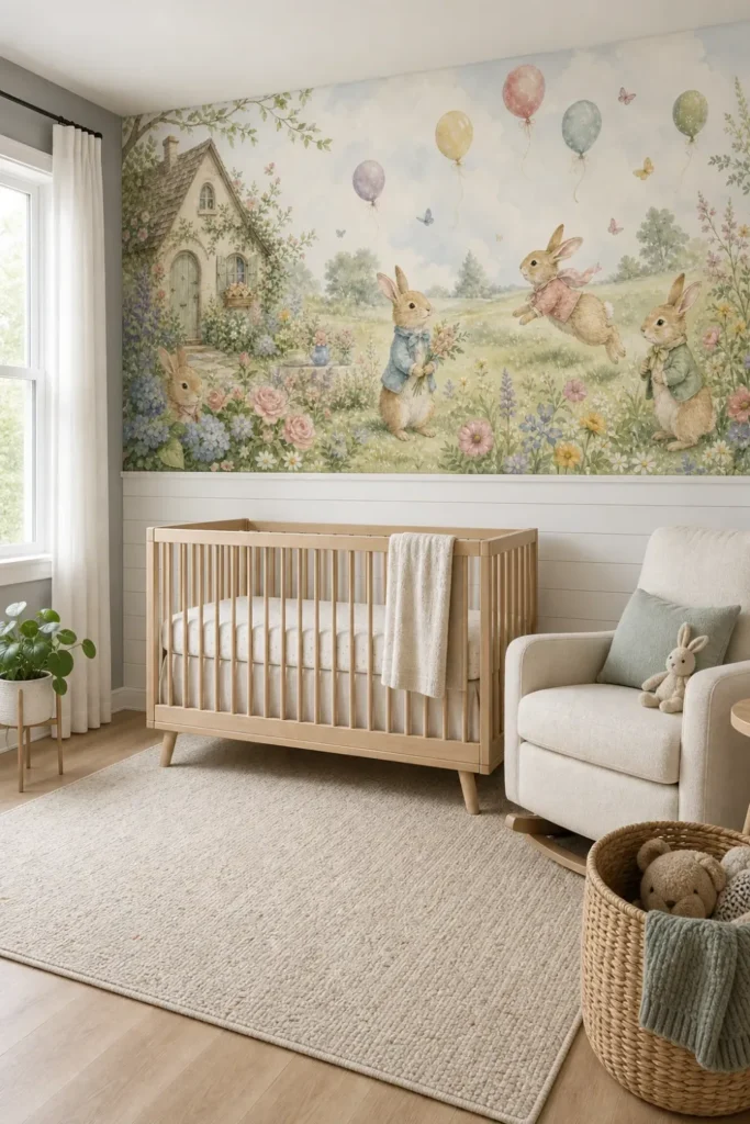 A Scandinavian nursery featuring a storybook bunny garden cottage mural above white wainscoting with a modern wooden crib.